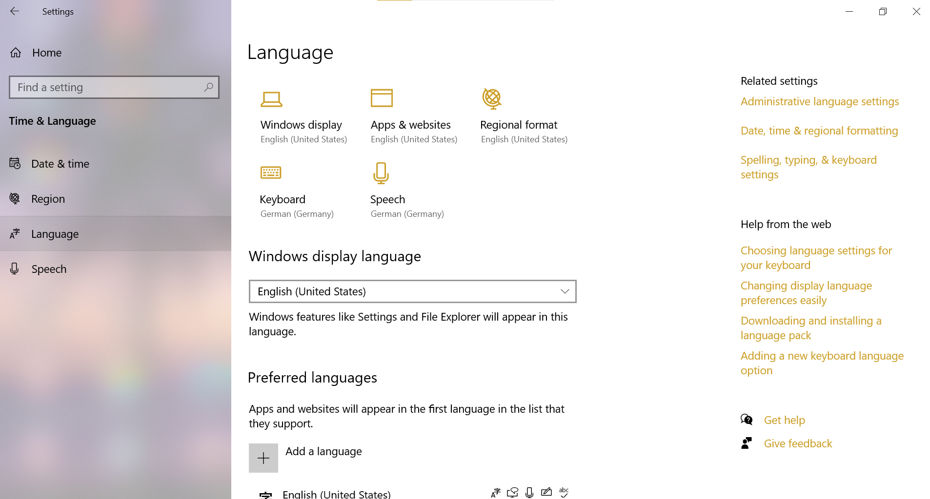 Windows language settings screen