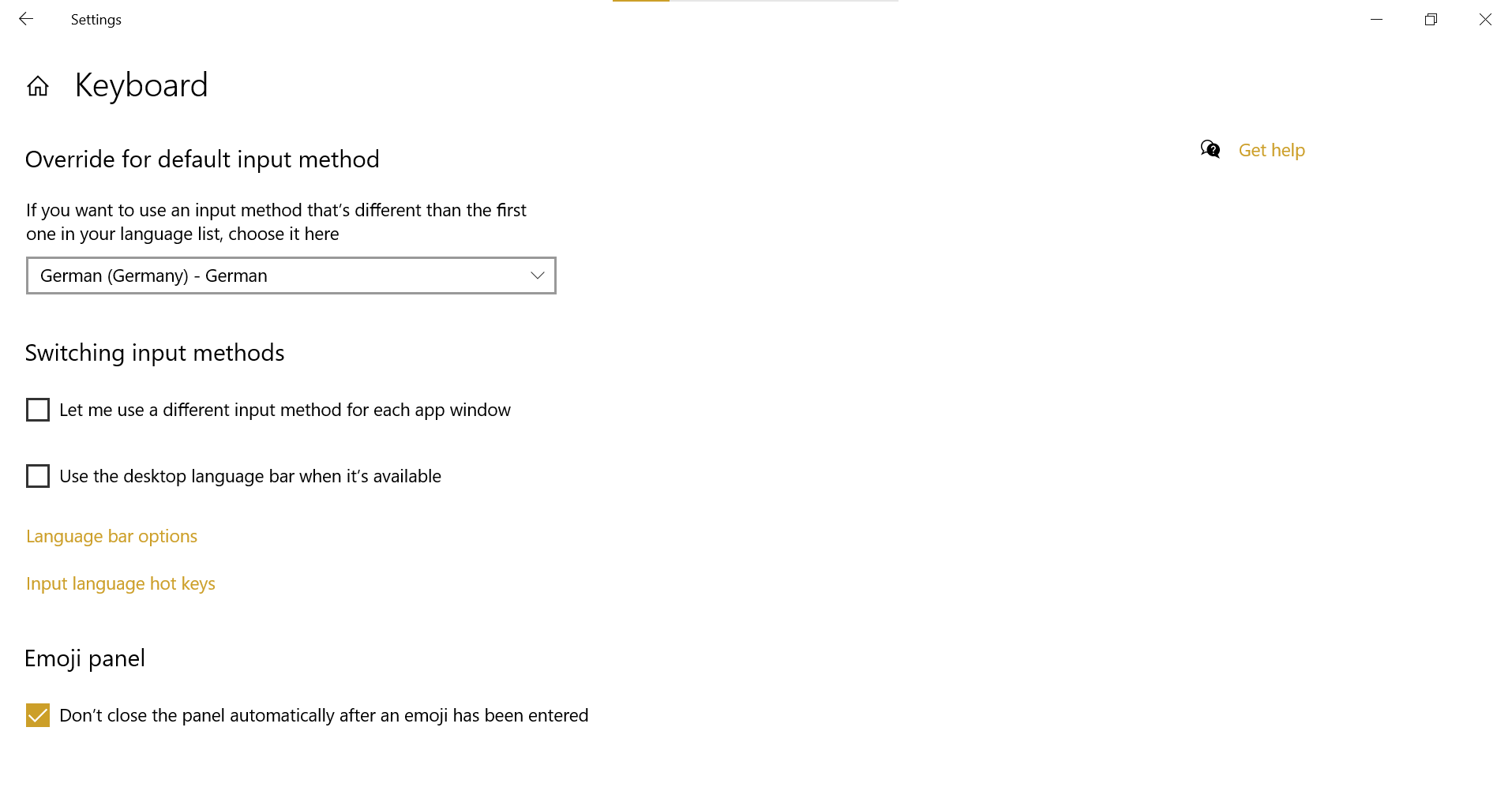 Windows language settings screen