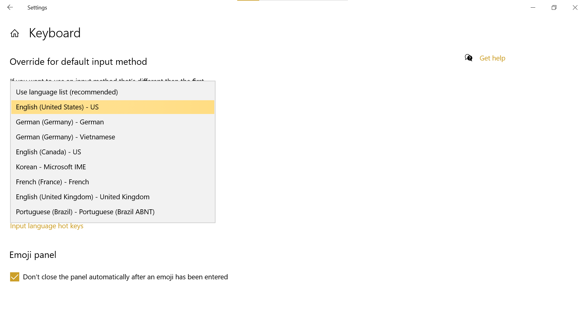 Windows language settings screen